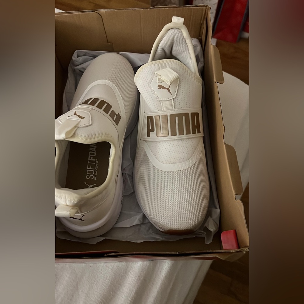 Puma White and Tan Slip-On Sneakers